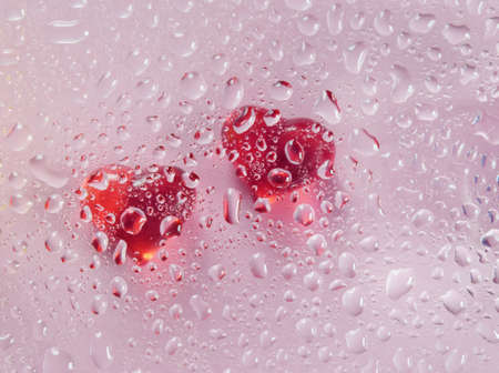 concept of love, two red hearts with water droplets close-up, abstract pictured on a light backgroundの写真素材