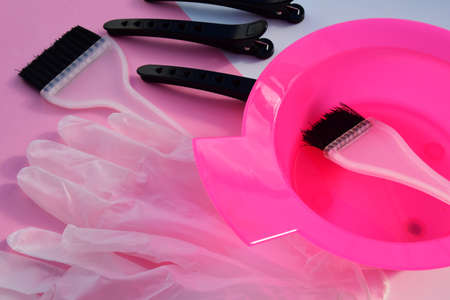 Professional tools for hair dyeing on white background,の写真素材