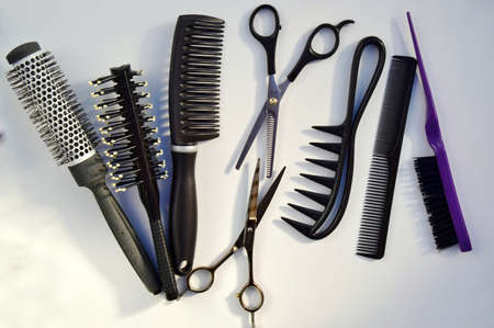Hairdressing various accessories on a light background. concept of the hairdressing beauty industryの写真素材