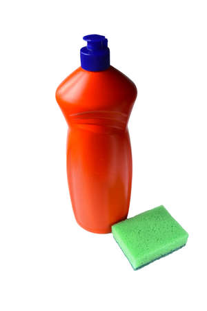 Sponge with dishwashing liquid isolated on white background.の写真素材