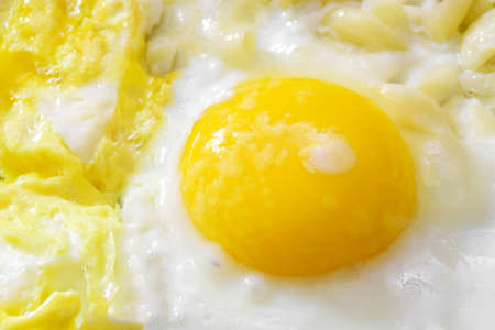 Fried egg. Close-up view of a fried egg in a frying pan. Salty and spicy scrambled eggs with horns.