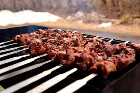 Cooking barbecue on skewers in nature. Barbecue season open.