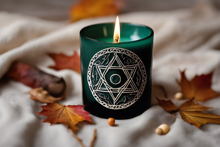 burning candle, symbol of the moon lying on autumn leaves on a light natural background. Slavic traditions. Witchcraft, esoteric spiritual ritual. holiday of the autumn equinox. photo created using the Playground AI platform.の素材
