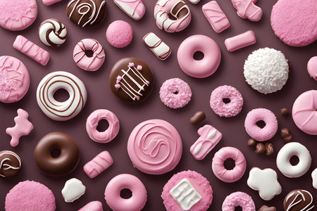 assortment of gourmet white, dark and milk chocolates with pink icing on a brown chocolate background. Sweets background. photo created using the Playground AI platform.の素材