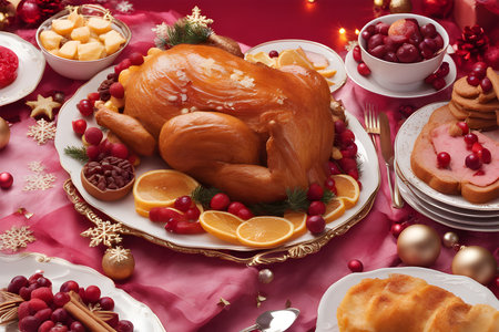 Baked Christmas goose and sweets on a pink pastel background. Christmas background. Happy New Year and Merry Christmas. copy space. photo created using the Playground AI platform.の素材
