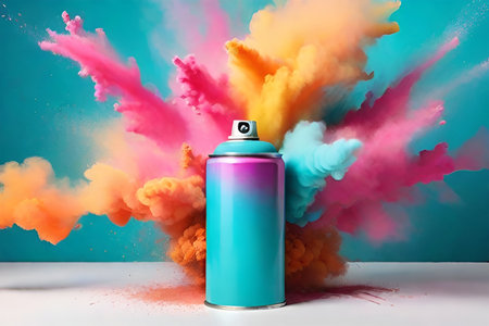 blue aerosol can with a cloud of colored powders, abstract wallpaper design with color waves, Colorful explosion of powder on a light background. photo created using Leonardo AI platformの素材