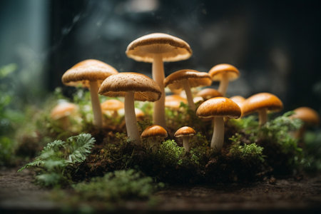 Glowing mushroom lamps with fireflies in magical forest. photo created using Leonardo AI platform.の素材