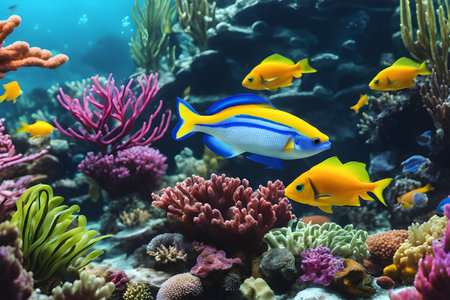 Coral reef, colorful groups of fish and sunny skies shining through clear ocean water. photo created using the Playground AI platform.の素材