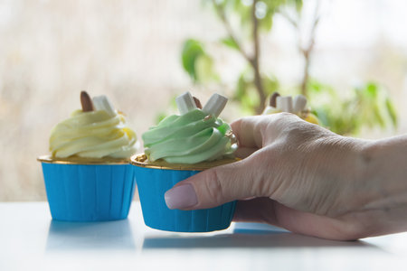 Chocolate cupcakes with creamy blue and lemon yellow frosting on a light background. Template for displaying product presentationの写真素材