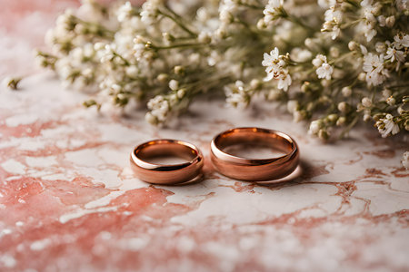 Two gold wedding rings on a red marble table with wildflowers. photo created using the Playground AI platform.の素材