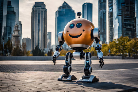 beautiful large robot walks on legs on paving slabs along the street of a big city in the background tall glass buildings soft focus. photo created using Playground AI platform.の素材