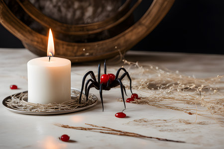 burning candle, symbol of the moon, amulet lying on a light natural background. pagan Wicca, Slavic traditions. Witchcraft, esoteric spiritual ritual. holiday of the autumn equinox. photo Playground AI platformの素材