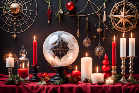 burning candle, moon symbol, amulet and ball lying on a dark natural background. Witchcraft, esoteric spiritual ritual. holiday of the autumn equinox. photo Playground AI platformの素材