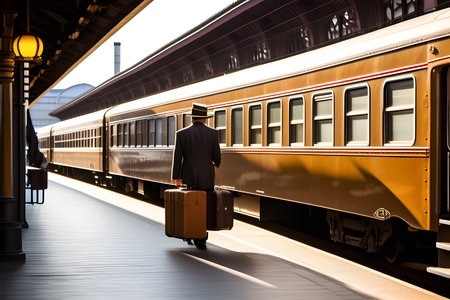 Train travel. retro carriage station pier, old retro brown suitcase. Playground AI platformの素材