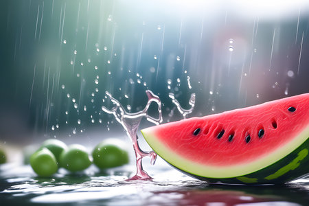 Fresh watermelon with raindrops. Natural fruits, Tasty and healthy organic food. Playground AI platformの素材