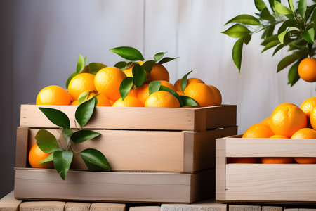 Fresh oranges harvesting in brown boxes. Natural fruits, Tasty and healthy organic food. Playground AI platformの素材