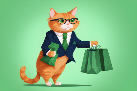 Funny dressed cat with a craft package - delivery service on a green background. Shopping concept. Playground AI platformの素材