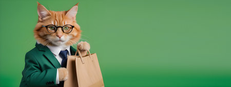Funny dressed cat with a craft package - delivery service on a green background. Shopping concept, banner. Playground AI platformの素材