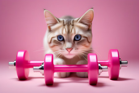 cat in a tracksuit with dumbbells on a light pastel background. Toys for cats. cat is an athlete. Playground AI platform.の素材