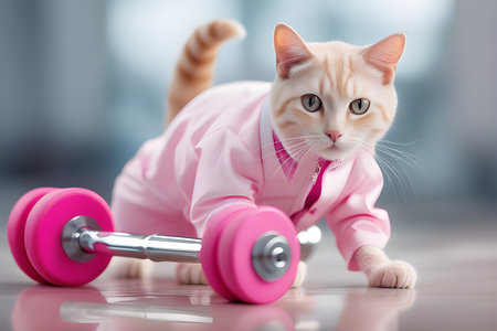 cat in a tracksuit with dumbbells on a light pastel background. Toys for cats. cat is an athlete. Playground AI platform.の素材