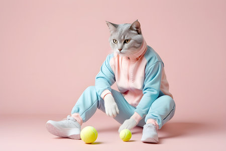 humanoid cat in a tracksuit plays with balls on a light pastel background. Toys for cats. The cat is a football player. Playground AI platform.の素材