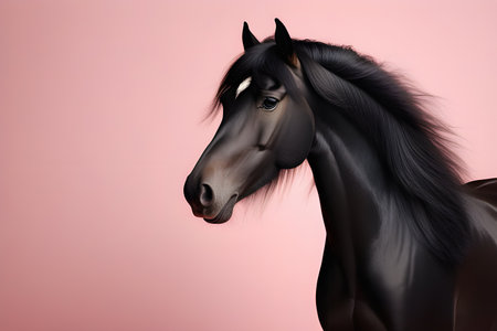 Black stallion with a long mane in a portrait on a pink background. Minimal illustration for Valentine's Day. Playground AI platform.の素材