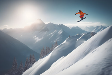 Illustration of the winter sport of snowboarding on a background of snow-capped mountains. Snowboarder in the mountains. Playground AI platform.の素材