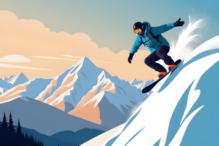 Illustration of the winter sport of snowboarding on a background of snow-capped mountains. Snowboarder in the mountains. Playground AI platform.の素材