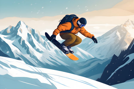 Illustration of the winter sport of snowboarding on a background of snow-capped mountains. Snowboarder in the mountains. Playground AI platform.の素材