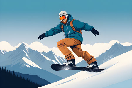 Illustration of the winter sport of snowboarding on a background of snow-capped mountains. Snowboarder in the mountains. Playground AI platform.の素材