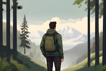 Rear view illustration: a man with red hair, with a backpack on his back, stands in a tracksuit and looks at the mountains in the distance. AI platform.の素材
