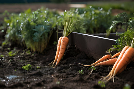 Harvesting, carrots growing in the gardenの素材