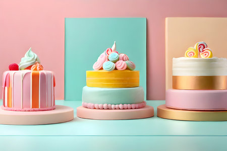 Beautiful bento cake with berry decoration in pink pastel colors on a light pastel background. Wedding cake Birthday cake. Cake for Valentine's Day. AI platform.の素材