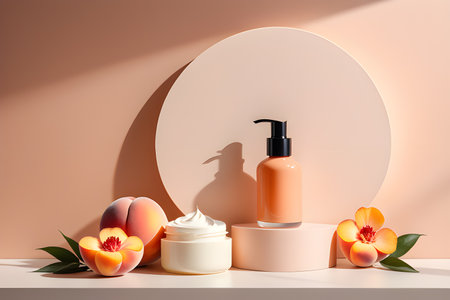 White podiums for the presentation of creams in round jars and tubes on a peach background. Playground AI platform.の素材