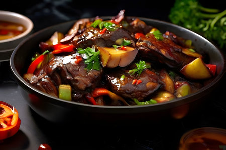 Salad with tender beef, vegetables, glass noodles (funchose). On a dark plate, Asian cuisine.の素材
