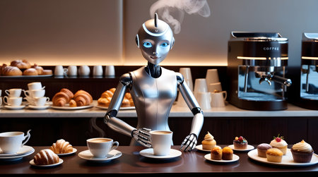 miniature, sleek barista robot with thin polished silver limbs and a glowing blue LED light. Robotics Technology Trends in Business coffee and bakingの素材