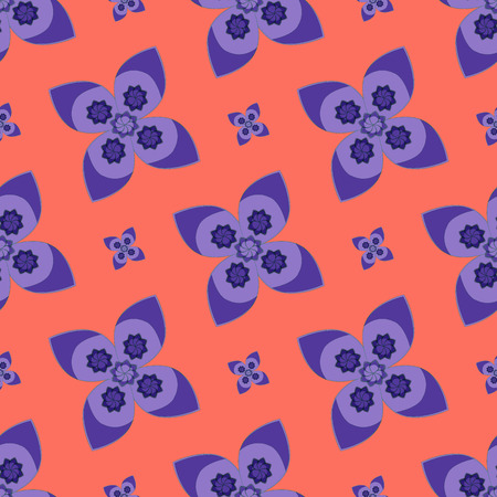 Circle ornament pattern, live coral background. Pattern for packaging, textiles, lilac flowersのイラスト素材
