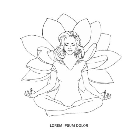 Woman meditating in nature and leaves. Concept illustration for yoga, meditation, relax, recreation, healthy lifestyle. Vectorのイラスト素材