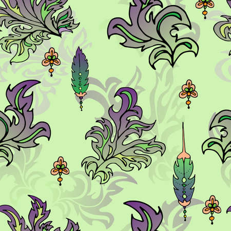 Leaves and feathers pattern. In shades of green. fantastic drawing. Abstract lines of leaves and feathers.のイラスト素材