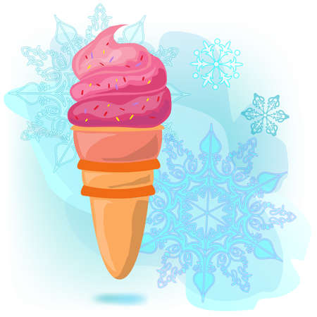 Ice cream cone. Pink bright against the background of snowflakes and blue ice haze. Snowflake of different sizes.のイラスト素材