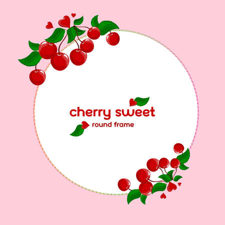 Round frame with cherries. Cherry berries and leaves. Frame for text.のイラスト素材