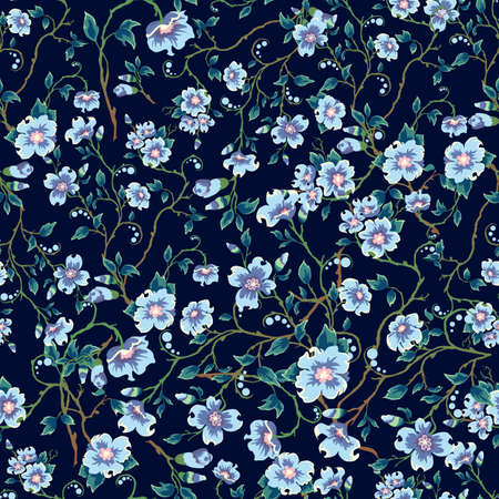 Childrens pattern flowers. Seamless floral pattern on a dark blue background. Light blue flowers, green leaves.のイラスト素材