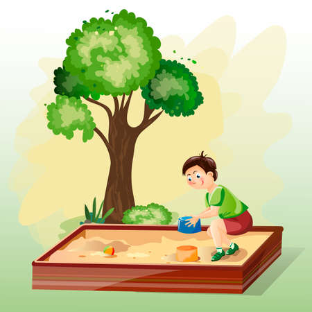 Children play in the sandbox. Sandbox by the tree in the park with toys. On a white isolated background.のイラスト素材