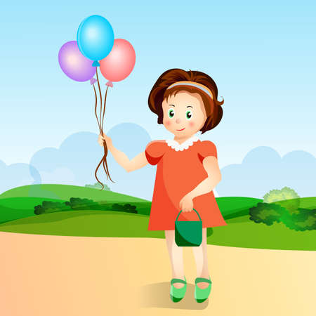Little girl with balloons in the park. Bright colors, green trees. For print and webのイラスト素材