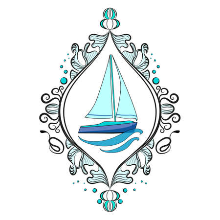 Sailing boat on the waves. Beautifully framed vector image. For print and web pages.のイラスト素材