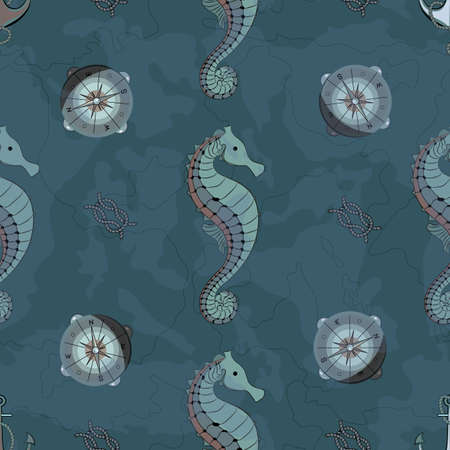 Pattern for boys. Marine theme. Seamless pattern with seahorse and compass. World map outlines. For print and web pages.のイラスト素材