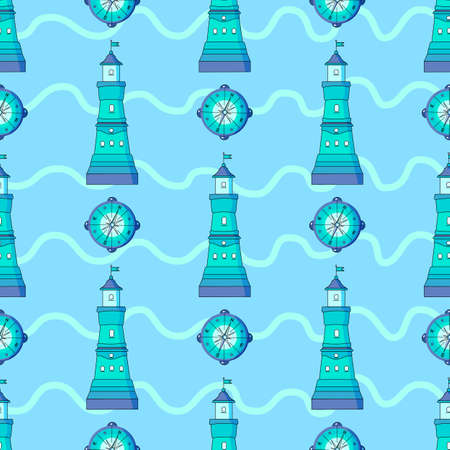 Pattern for boys. Marine theme. Seamless pattern with lighthouse and compass on a blue background. Light sea waves. For print and web pages.のイラスト素材