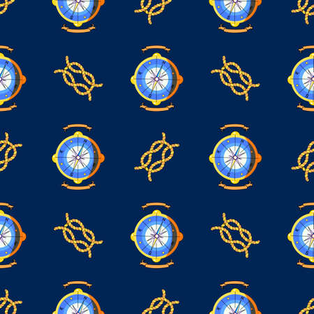 Pattern for boys. Marine theme. Seamless pattern with compass and nautical knot. Yellow and blue...