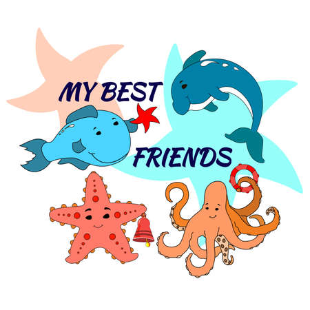 Shirts for boys. Printed T-shirts for boys. Dolphin and starfish, octopus with a whale. Stars and bell.のイラスト素材