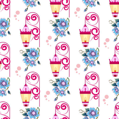 Kids fashion print vectors. Lanterns with flowers. A beautiful wall lamp with a bouquet. Pink and blue. Pattern for girls. Great background for wallpaper.のイラスト素材